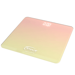Pink and yellow Genius Nutrition body scale for fitness tracking, featuring a digital display and sleek design.