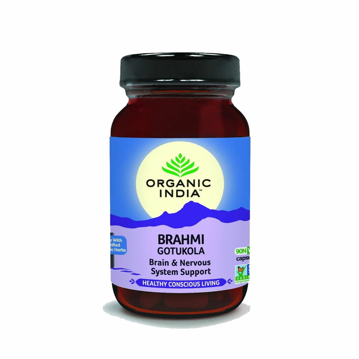 Organic India Brahmi and GotuKola capsules by Herbalistas, showing 90 herbal supplement capsules in a resealable bottle.