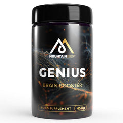 Herbalistas MountainDrop Genius Brain Booster supplement in a 450g jar, showing the label and product packaging.