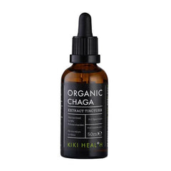 Organic Chaga extract tincture in a glass dropper bottle, labeled with Herbalistas branding, on a white background.