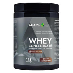 Adams Supplements whey concentrate protein powder in 360g package, chocolate flavor, in a resealable container.