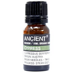 Cypress essential oil bottle from AW Gifts, 10ml, showing clear glass container with a white label and green cypress leaves in the background.