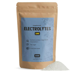 CUPPLEMENT electrolyte powder in lime flavor, sugar-free supplement, 500g container with lime-flavored powder visible inside.