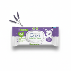 Event Baby Wet Wipes with Lavender, 84 pcs by PETROUTSIOS, featuring soft wipes soaked in water and lavender scent for gentle cleaning.