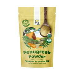Organic fenugreek powder in a 200g container from CUPPLEMENT superfood brand, shown in a close-up image with a natural texture and color.