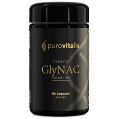 Herbalistas Purovitalis GlyNAC supplement bottle with 60 capsules, front view, showing label and product packaging.