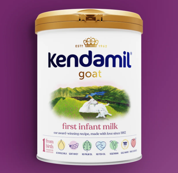 Kendamil Goat First Infant Milk Stage 1 from PETROUTSIOS, showing a can of goat milk formula for newborns.