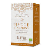 Herbalistas RA Hygge BIO Hygge Harmony herbal tea with Reishi in a box of 16 tea bags, front view showing packaging design.