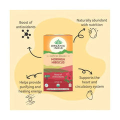 Organic India BIO Moringa & Hibiscus tea infusion bags with dried hibiscus flowers and moringa leaves in a natural tea packaging.