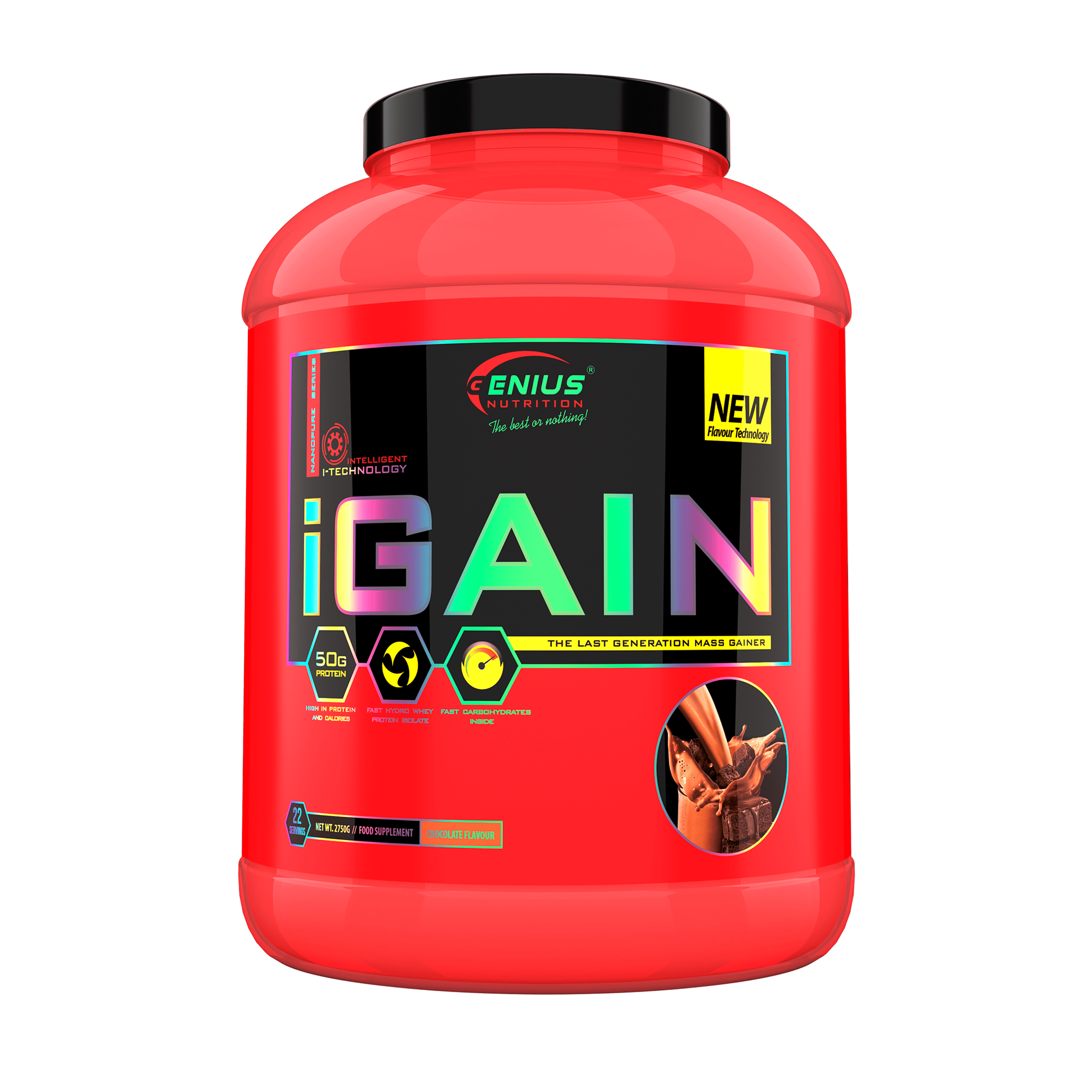 Genius Nutrition IGAIN 2750g chocolate protein powder, mass gainer supplement, in large 22-serving container.