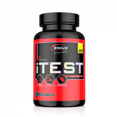 iTest supplement bottle by Genius Nutrition with 90 capsules, featuring a sleek label and cap, on a plain background.