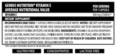 Genius Nutrition Vitamin E 60 liquid capsules supplement bottle, shown with capsules and label on a white background.