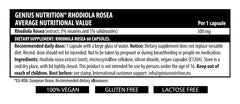 Genius Nutrition Rhodiola Rosea supplement bottle with 60 capsules, natural herbal adaptogen for energy and stress relief.