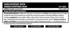 Genius Nutrition Biotin B7 supplement bottle with 60 tablets, dietary supplement for healthy hair, skin, and nails.