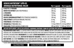 Genius Nutrition LIPO-X5 supplement bottle with 60 capsules, showing the label and product packaging.