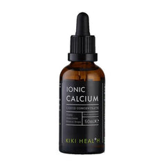 Bottle of Kiki Health Ionic Calcium Liquid Concentrate supplement from Herbalistas, with a clear dropper and label on a white background.