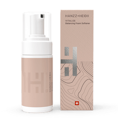 Zinzino VITALIZE Foam Softener bottle, 100ml, skincare product with a white pump dispenser and clear label, on a white background.