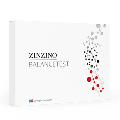 Zinzino BalanceTest kit for health assessment, featuring a white container with testing strips and instructions on a white background.