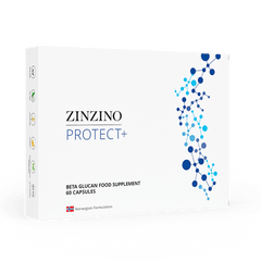Zinzino Protect+ dietary supplement bottle with 60 capsules, featuring a white and green label and a plastic bottle container.