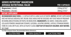Genius Nutrition Magnesium supplement bottle with 90 capsules, showing the label and capsule capsules inside the bottle.