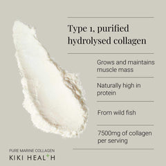 Herbalistas Kiki Health Pure Marine Collagen Powder supplement in a 200g jar, showcasing the product packaging and logo.