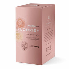Herbalistas MountainDrop FLOURISH supplement jar with white label, 600g natural Shilajit blend for women's wellness.