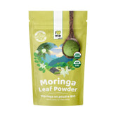 Organic Moringa powder supplement by Herbalistas, 200g jar, showing vibrant green moringa powder in a natural setting.