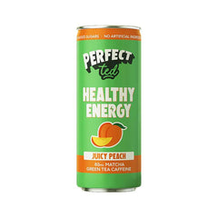 Herbalistas PerfectTed Ceremonial Matcha Energy Drink with Juicy Peach flavor in a 250ml can, vibrant peach imagery.