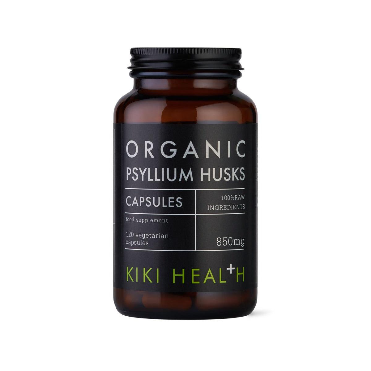 Organic Psyllium Husks in 120 Vegicaps by Herbalistas, shown in clear capsule form with a natural, plant-based appearance.