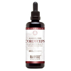 Old Products Ra Hygge BIO Cordyceps liquid supplement in 100ml bottle, alcohol-free extract with a dropper for easy use.