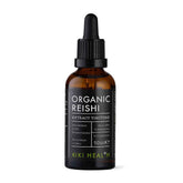 Organic Reishi extract tincture in a 50ml bottle by Herbalistas, showing the dark liquid inside the supplement dropper bottle.