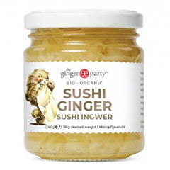 Organic pickled sushi ginger from The Ginger People in a 190g jar, shown in a clear, close-up image displaying the ginger slices.