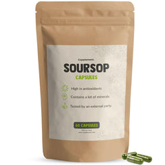 Herbalistas Soursop Extract supplement in 60 capsules, showing a bottle with green and white label and fresh soursop fruit.