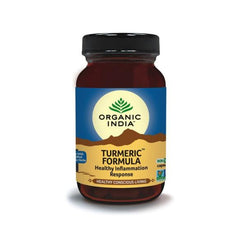 Organic India BIO Turmeric Formula capsules by Herbalistas, showing a close-up of the supplement bottle and turmeric capsules.