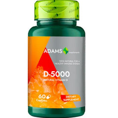 Bottle of Adams Supplements Vitamin D-5000 softgels showing the label and 60 capsules inside.