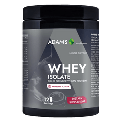 Adams Supplements raspberry whey isolate protein supplement in 360g container, showing the label and scoop with powder.