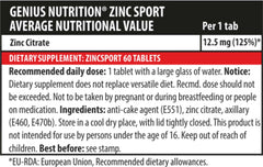 Genius Nutrition Zinc Sport supplement bottle with 60 tablets, showing label and capsule images on a white background.