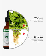 Sentosa Nutramedix Parsley Detox supplement bottle with label, featuring fresh parsley illustration and supplement details.