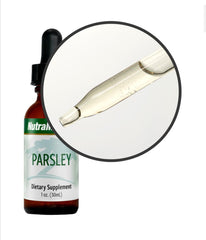 Sentosa Nutramedix Parsley Detox supplement bottle with label, featuring fresh parsley imagery and supplement information.