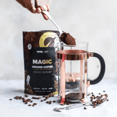 Vivo Life Magic Organic Coffee with Lion’s Mane mushroom in a bag, showcasing aromatic brewed coffee with mushroom supplement.