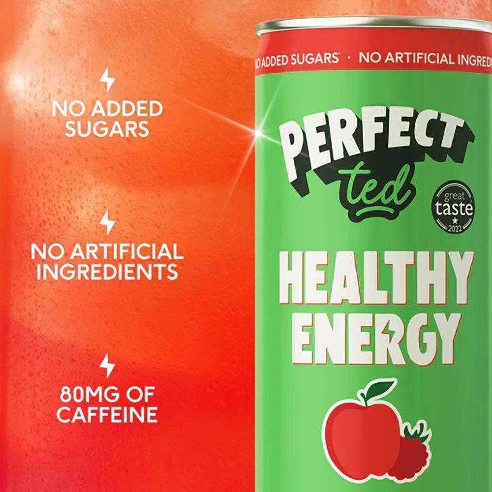 Herbalistas PerfectTed Ceremonial Matcha Energy Drink in 250ml with apple and raspberry flavor, vibrant beverage in a clear glass.