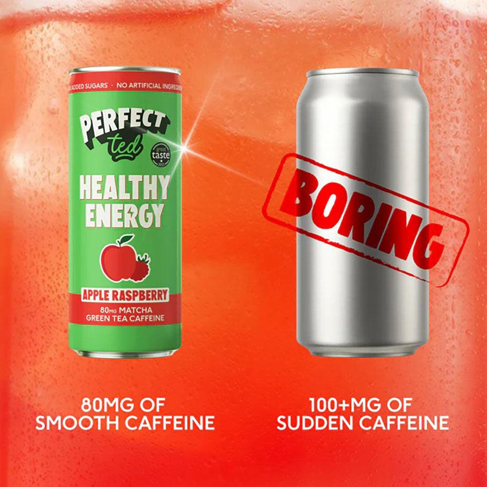 Herbalistas PerfectTed Ceremonial Matcha Energy Drink in apple and raspberry flavor, 250ml beverage with vibrant fruit and tea visuals.