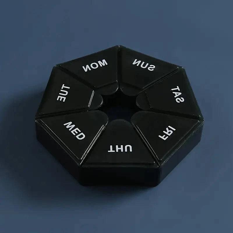 TEMU weekly pill box with 7 grids, compact pill storage container for organizing daily medication doses.