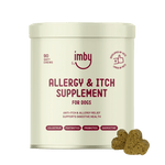 IMBY Allergy & Itch Pet Supplement bottle showing the label and supplement capsules for dogs and cats with allergy relief.