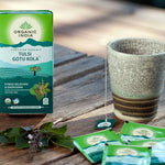 Organic India BIO Tulsi Gotu Kola Tea, caffeine-free herbal infusion bags, natural ingredients for wellness.