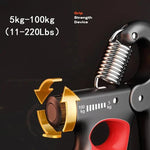 TEMU adjustable grip strength trainer with weight range of 4.99-99.79 KG, shown with handles and dial for resistance adjustment.