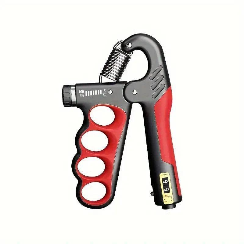 TEMU adjustable grip strength trainer with handles, showing 4.99-99.79 KG resistance for fitness and hand strength training.