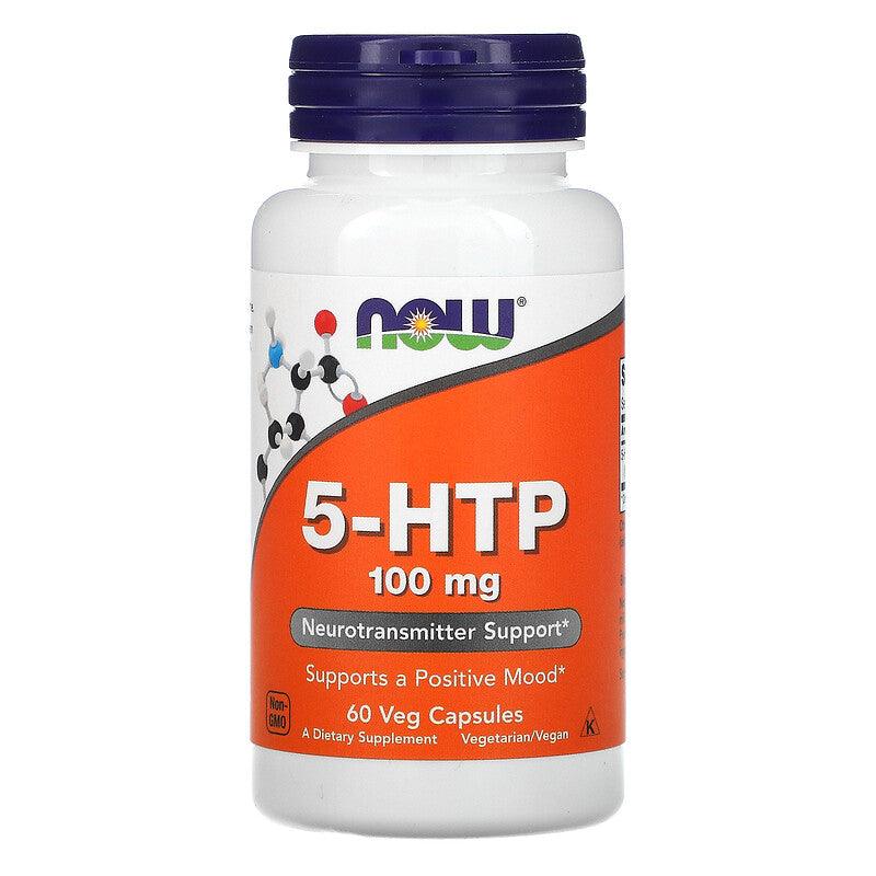 MKSTAVRINOS NOW Foods 5-HTP supplement bottle with 60 vegetarian capsules, featuring white and green packaging.