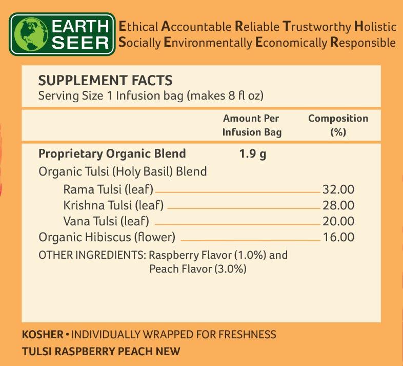Organic India Tulsi Raspberry Peach Tea, caffeine-free infusion bags with fresh raspberry and peach flavor, 25-count box.