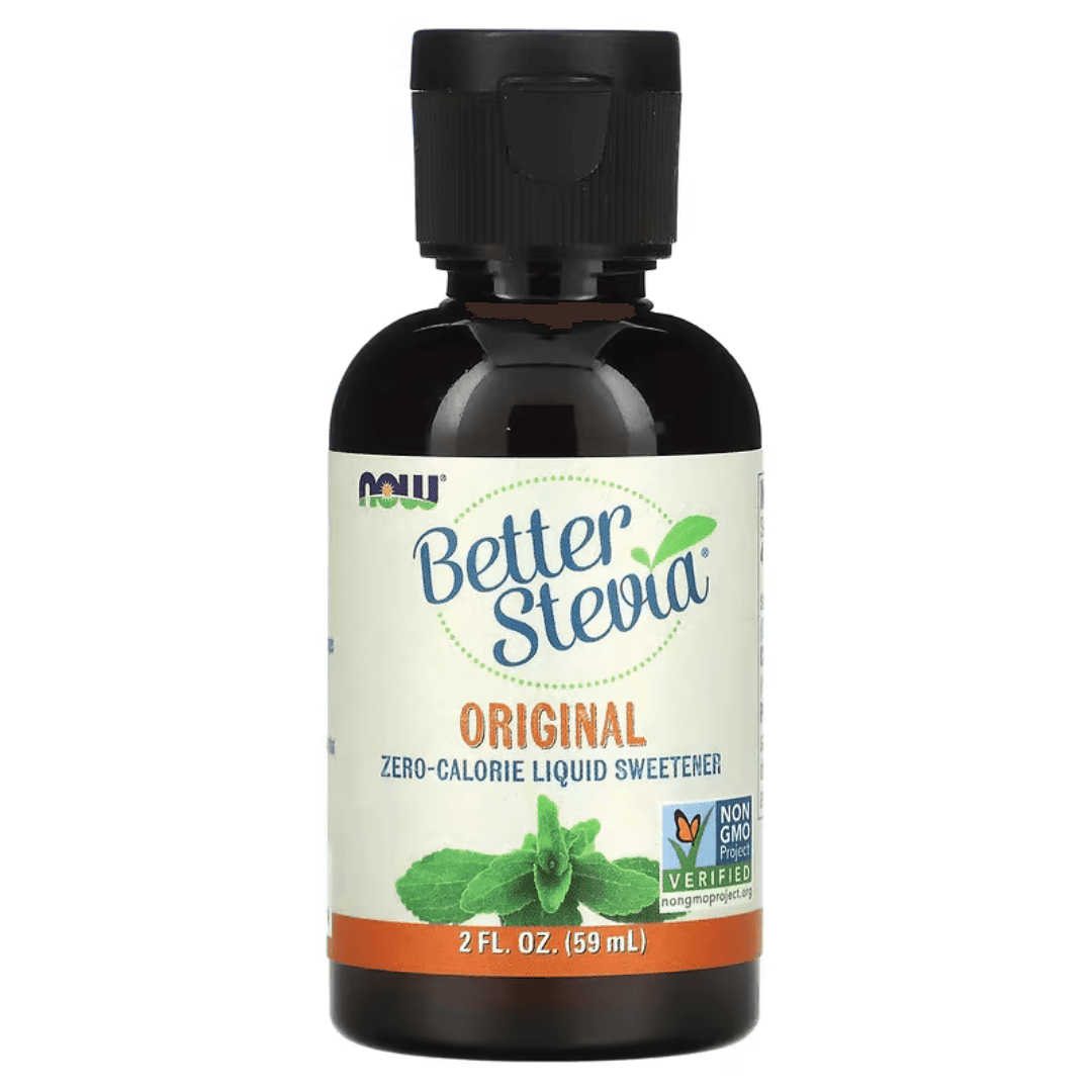 MKSTAVRINOS NOW Foods Better Stevia liquid sweetener in a 2 fl oz bottle, clear packaging with a dropper cap.